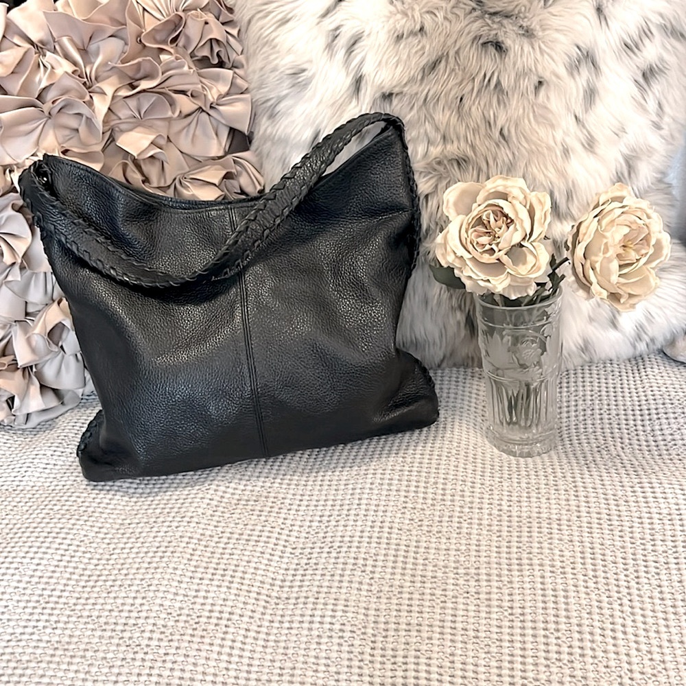 M London Black Pebbled Leather Bohemian Hobo Slouchy Shoulder Bag Purse